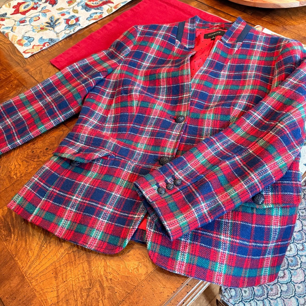 Talbots Wool Blend Royal Stewart Plaid Blazer Pockets  Equestrian Holiday 12